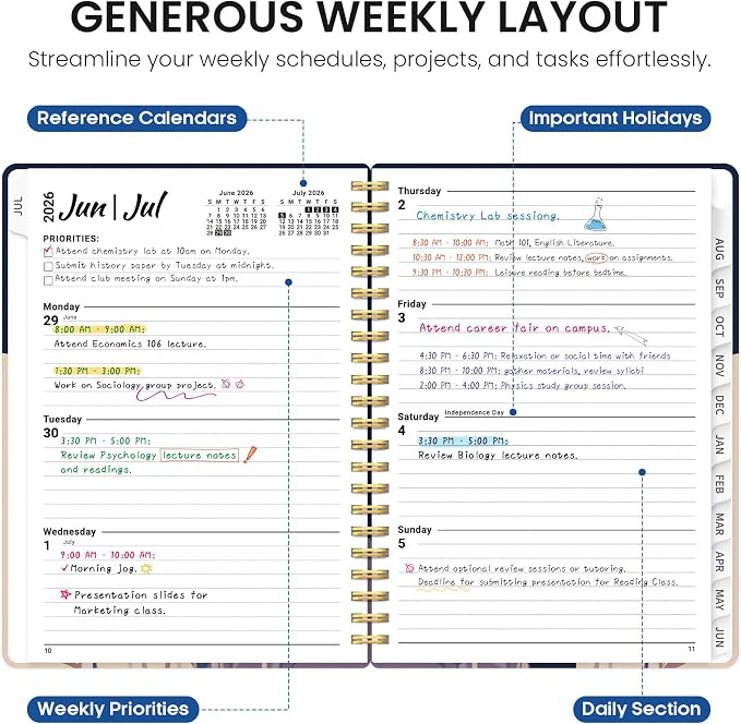 Taja Planner 2026-2027, Jul 2026-Jun 2027 Monthly & Weekly Calendar Planner | 6.3" x 8.5", Hardcover Academic Calendar, Teacher Student Agenda Book with Tabs, School Office Supplies, Midnight Blooms