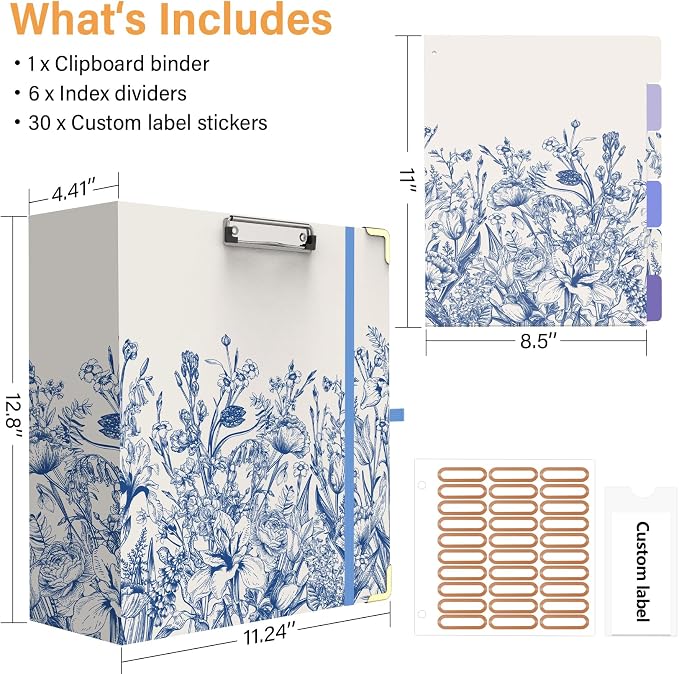 3 Ring Binder 3 Inch Ring, Three Ring Binders for Letter Size 11" x 8.5" with 6-Tab Dividers, 2 Pockets, Binder with Clip for School and Office Supplies-Wild Flowers