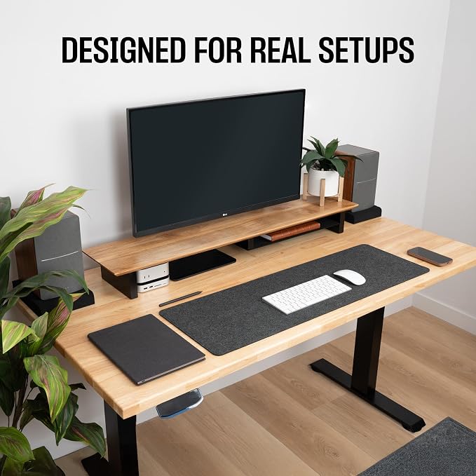COREMINDED Solid Wood Dual Monitor Stand Riser, 42 Inch Oak Desk Shelf | Fits 2 Monitors, Sturdy & Stable Solid Wood, Under Monitor Keyboard Storage, Office Desktop Organizer, Easy Assembly, Oak