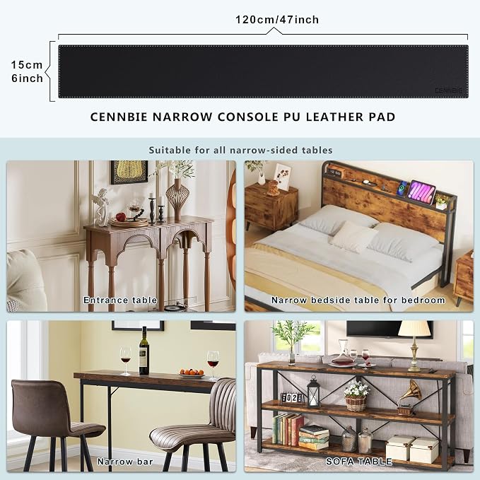 CENNBIE Console Table Leather Cover - 47 x 5.9 Inches Sofa Table Narrow Long Mat - TV/Media/Gaming/Center Console Table Protector Pad for Narrow Side Table, Sideboard, Entryway Table (Black)