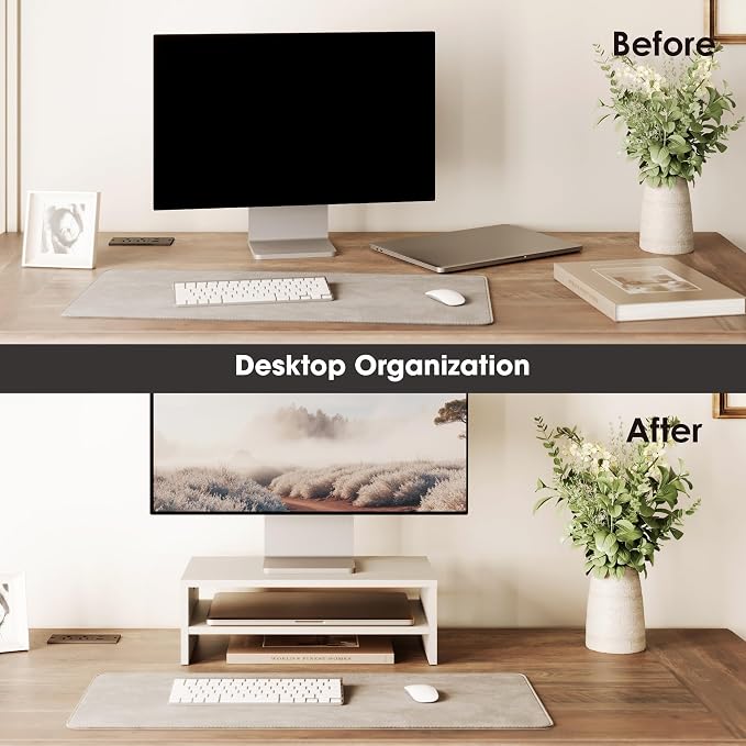 FITUEYES Wooden Monitor Stand Riser, 2-Tier Desk Storage Shelf, White | 16.7-Inch Desktop Organizer Fits Laptop, Computer Screen and Office Supplies