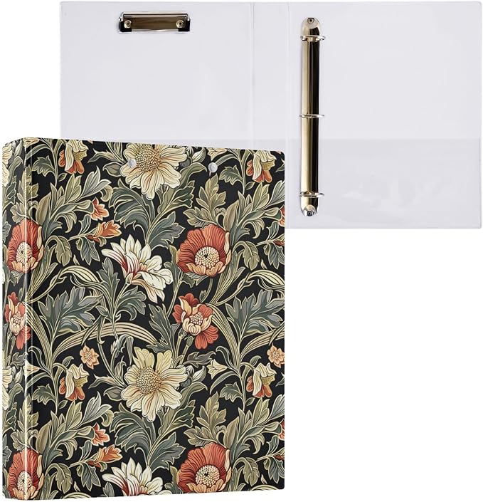 Vintage Sage Green Floral Binder 1.5 Inch Binder with Clipboard&Pockets, Retro Green Black Hardcover Binders 3 Ring, Heavy Duty Large File Folder for Office School Supplies - Holds 200 Sheets