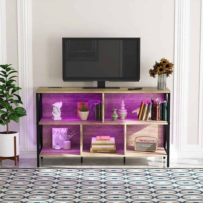47" 5 Cube LED Bookshelf, Industrial Wood Metal Low Wide Bookcase, Oak | Multicolored LED lights, 320lbs heavy duty, 30-min assembly, open cubby storage, for living room game room