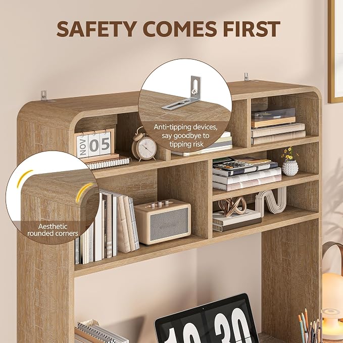 5-Tier Desk Shelf, 37.4''W Desktop Bookshelf for Computer Monitor | Desktop Organizer Shelf Storage Rack with 6 Cubbies, 5-Level Desk Hutch Display Rack for Home, Office, Dorm, Vanity, Natural