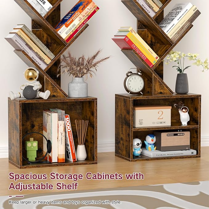 9 Tier Tree Bookshelf with Light, Remote, Timer & Cabinet, Dimmable Modern Tall Floor Standing Corner Book Shelf, Small Narrow Wood Bookcase for Living Room, Bedroom, Office(Rustic Brown)