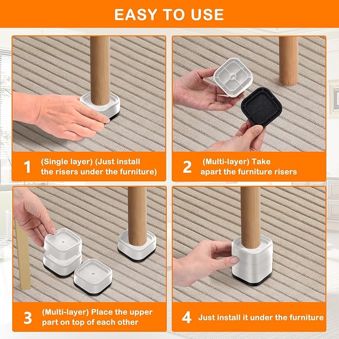 shouwuhho 24 Pack Furniture Risers Adjustable Bed Risers Heavy Duty Lifts Height 1", Square Stackable Bed Risers 1, 2 or 3 Inch for Desk Leg Table Couch Sofa Chair Bed Frame Legs Dorm, White