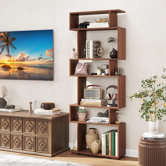 Tangkula 6-Tier S-Shaped Bookshelf, 64" Freestanding Geometric Bookcase, Home Office Wood Storage Shelf with Anti-Toppling Device, Room Divider Display Rack for Study, Living Room (2, Walnut)