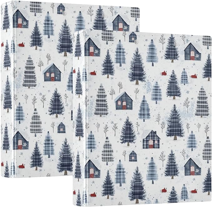 Winter Farmhouse Plaid Pine Trees 3 Ring Binder 1.5" Decorative D-Ring Binder with Clipboard&3 Clear Pockets, Holds 200 Sheets A4 Size Paper Waterproof Binders for School Home Office|2 Pack