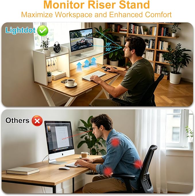 Lightdot 44"×24" White Computer Desk with Motion Sensor Light, Home Office Gaming Desk with Charging Station Pegboard, Modern Study Desk for Work Bedroom Game Kids Room Living Room