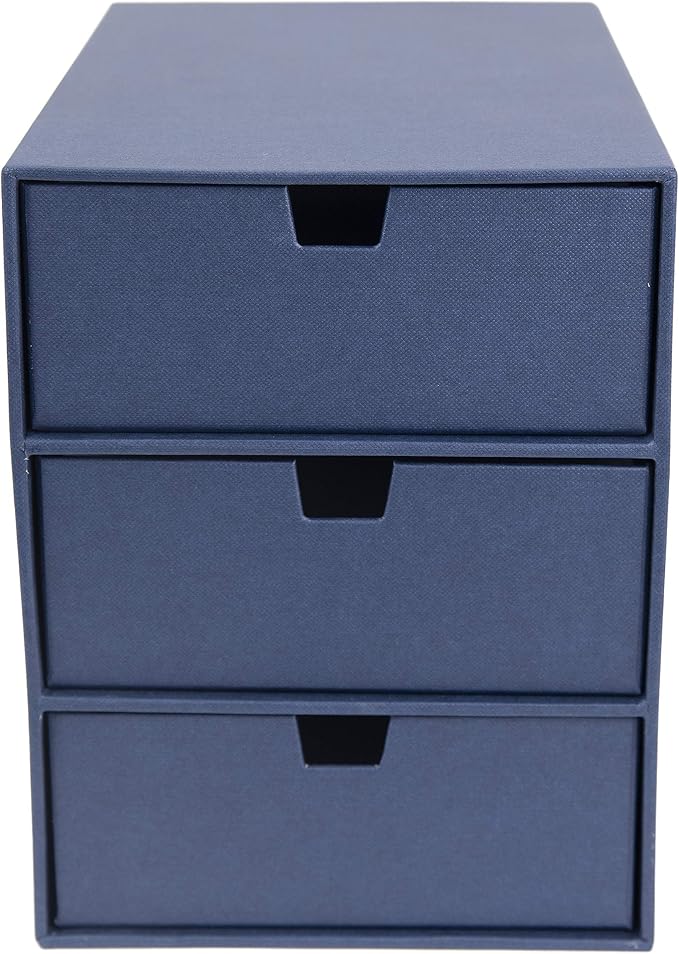 Bigso Box of Sweden Ingrid 3-Drawer Fiberboard Desk Organizer for Office Supplies & Accessories - Stackable Makeup Drawer Organizer - 6.3in x 9.9in x 8.1in - Blue
