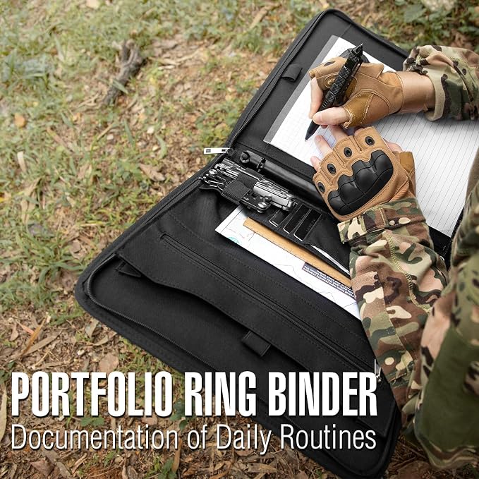 Kosibate Tactical Padfolio Portfolio Binder with Zipper and 25 Sheets of Letter Size Paper,Notebook Cover,Tactical Notebook with Zippered for Folders,Detachable 3-Ring Binder(A4,Black,13.5X 11.5Inch)