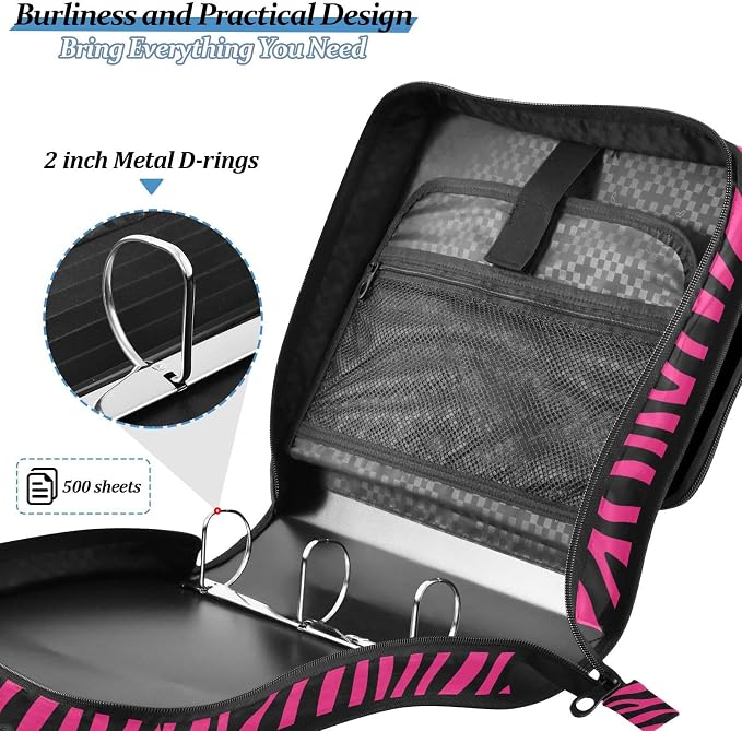 Hot Pink Zebra Print 3 Ring Binder Bag 1.5 inch Binder Organizer with Zipper Shoulder Strap 500 Sheet Documents Storage for School Office