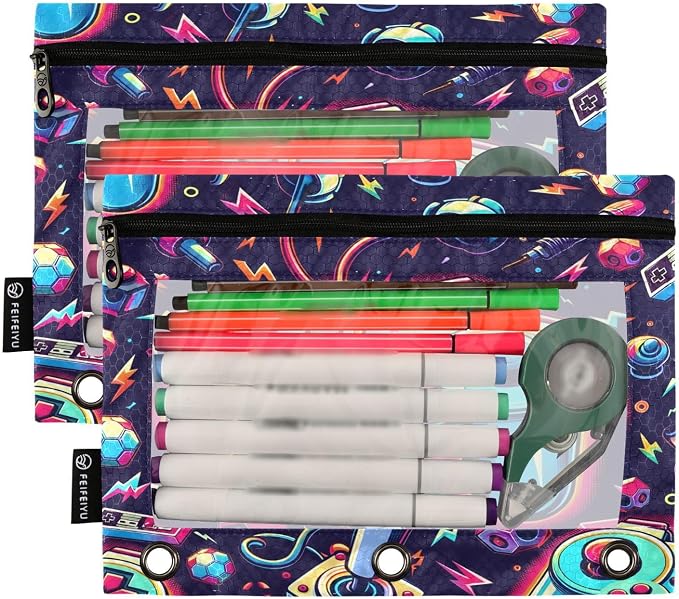 Bright Game Joystick Pencil Pouch for 3 Ring Binder, 2 Pack Waterproof Pencil Bags Clear Window Zipper School Office Supplies