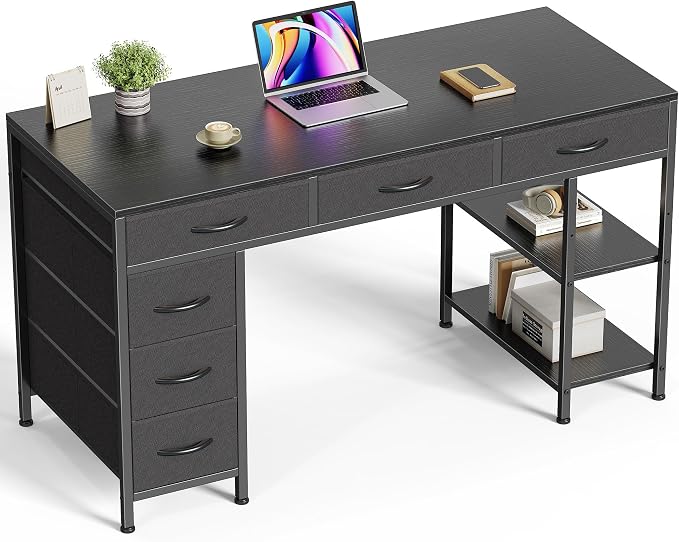 Huuger Computer Desk with 6 Drawers, Office Desk with Shelves, Reversible Gaming Desk, Corner Desk with Storage, Work for Home Office, Study, Living Room, 47inch, Black