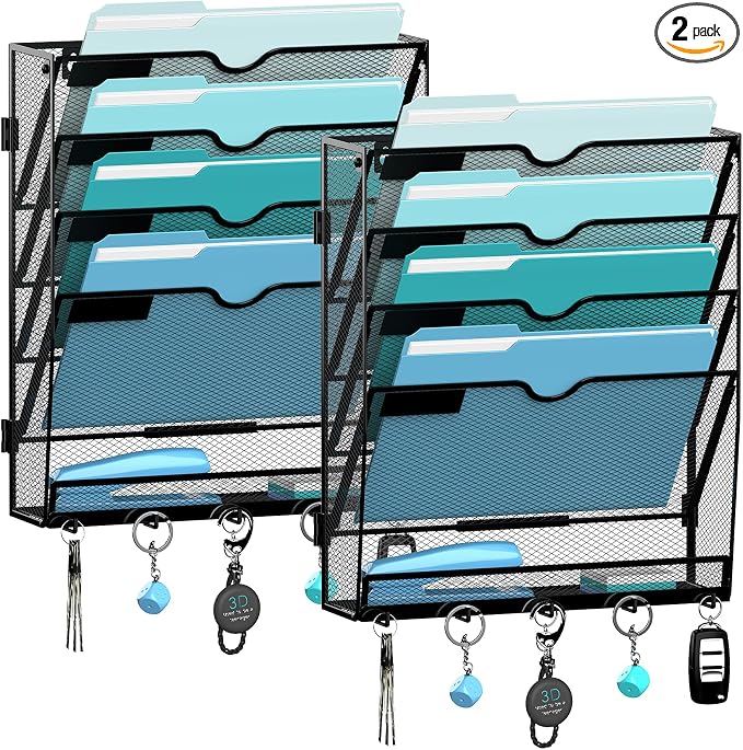 MHUD 5-Tier Wall File Organizer and Mail Organizer with 5 Hooks, 2 Pack | Label slots, curved openings, 5 key hooks, and a bottom tray support organized mail, file, and everyday item storage.