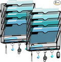 MHUD 5-Tier Wall File Organizer and Mail Organizer with 5 Hooks, 2 Pack | Label slots, curved openings, 5 key hooks, and a bottom tray support organized mail, file, and everyday item storage.