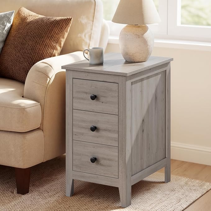 VASAGLE Side End Table with 3 Storage Drawers, Nightstand Farmhouse | Narrow Bedside Table for Living Room, Bedroom, Home Office, Washed Gray, LIRY Collection ULET132G101S