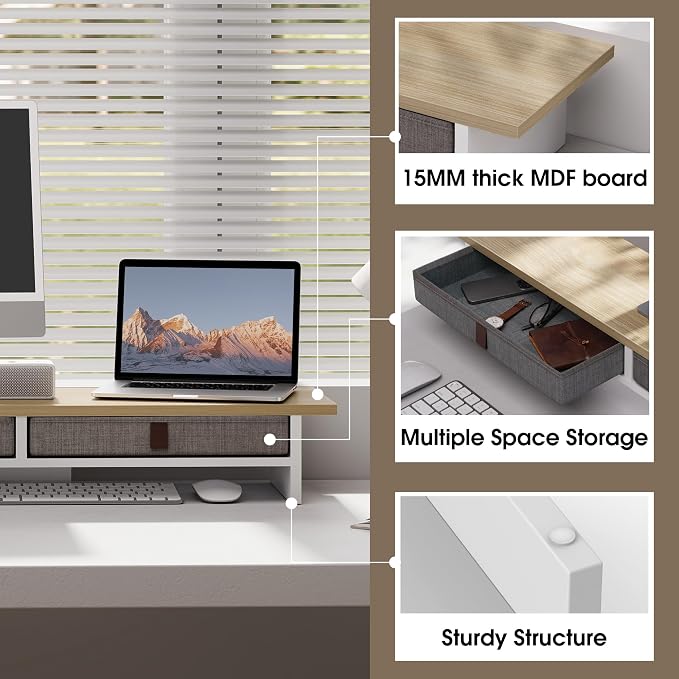 Fenge 35 Inch Monitor Stand with Drawer Storage, Computer Riser for Desk | Wooden Computer Shelf, 2 Tiers, for Dual Monitor/Laptop/PC/TV/Printer up to 55Lbs, Home Office Desk Organizer