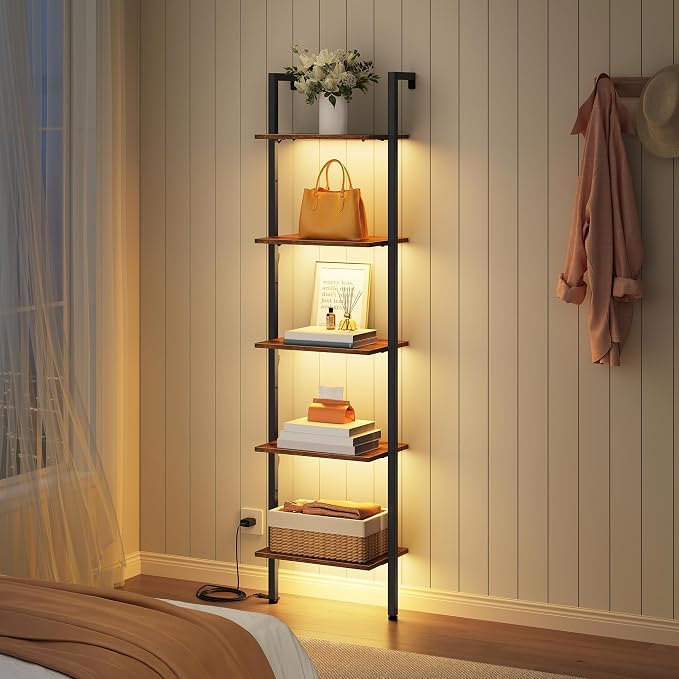 5 Tier Ladder Bookshelf with Light, Wall Ladder Shelf Rustic Brown