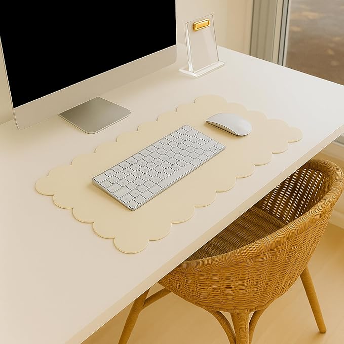 Orelle Scalloped Desk Mat | Vegan Leather Desk Mat for Keyboard and Mouse, Laptop, Makeup Vanity | Computer Desk Pad Mat | Office Desk Cover Mat | Desk Blotter Mat | 30 x 15” | Cream