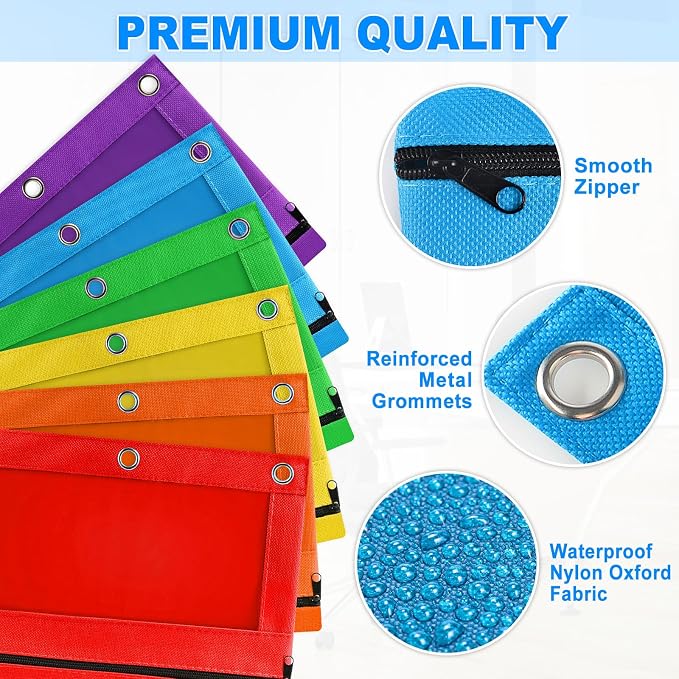 Pencil Pouch for 3 Ring Binder, 6 Pack Zipper Pencil Pouches in Assorted Colors, Durable Binder Pencil Case Bag for Office School College Supplies (6c-2601)