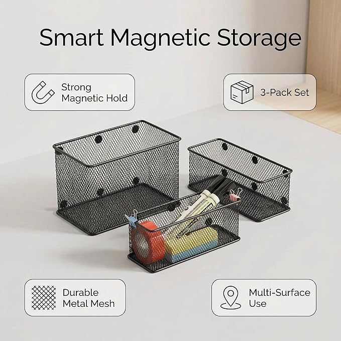 Neudeco Magnetic Locker Shelf Organizer, Black, Pack of 3 | Pencil Holder, Metal Storage Basket, For Whiteboard & Refrigerator, Ideal for School