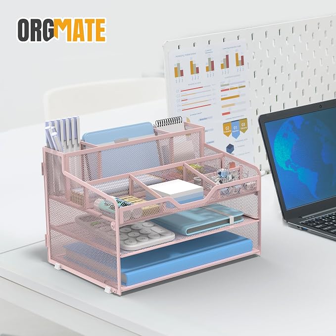 3 Tier Mesh Paper Desk Organizer with Pen Holders, Pink | Features 3 pen holders, and 5 adjustable compartments for office school home desk storage