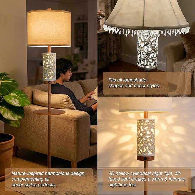 Dimmable Farmhouse Floor Lamp for Living Room, 2-in-1 Rustic Floor Lamp with Main&Night Light,Linen Shade&Dual Switches, 65" Standing Lamp for Bedroom Office Corner Dining Room, Wood Pole Lamp