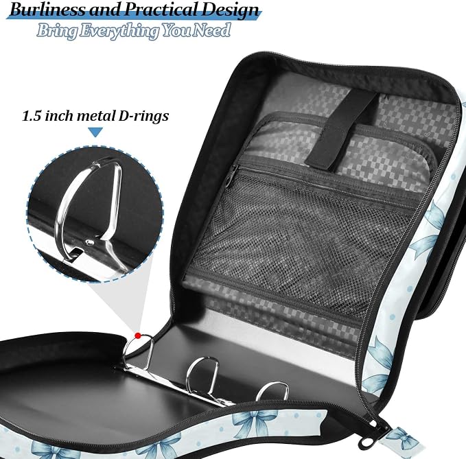 Custom Bow Light Blue Print 3 Ring Zipper Binder with Shoulder Strap & Handle 1.5 Inch D-Ring Zippered Bag with Multiple Pocket, Personalized Binder Organizer for School or Office