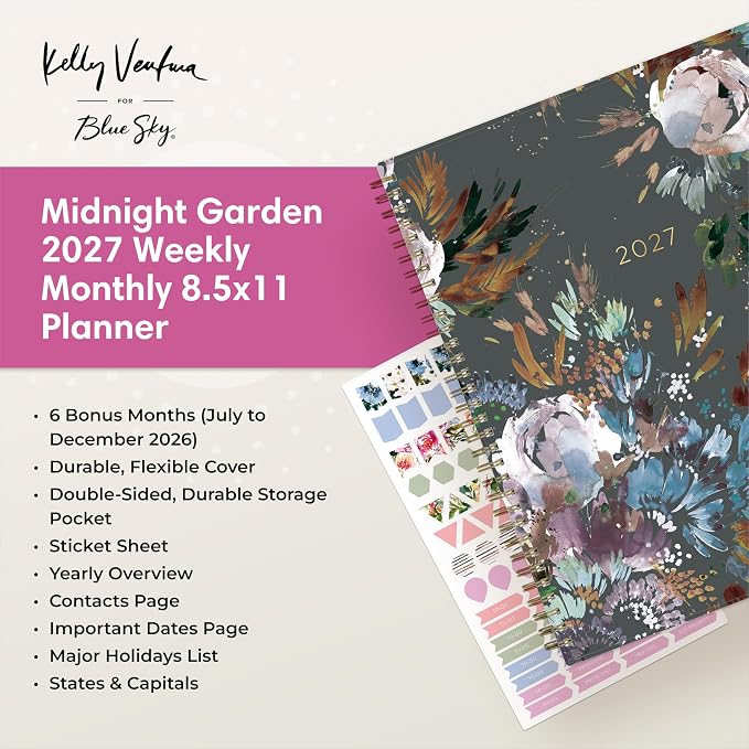 Blue Sky 2027 Weekly & Monthly Planner Calendar, 8.5"x11", Midnight Garden