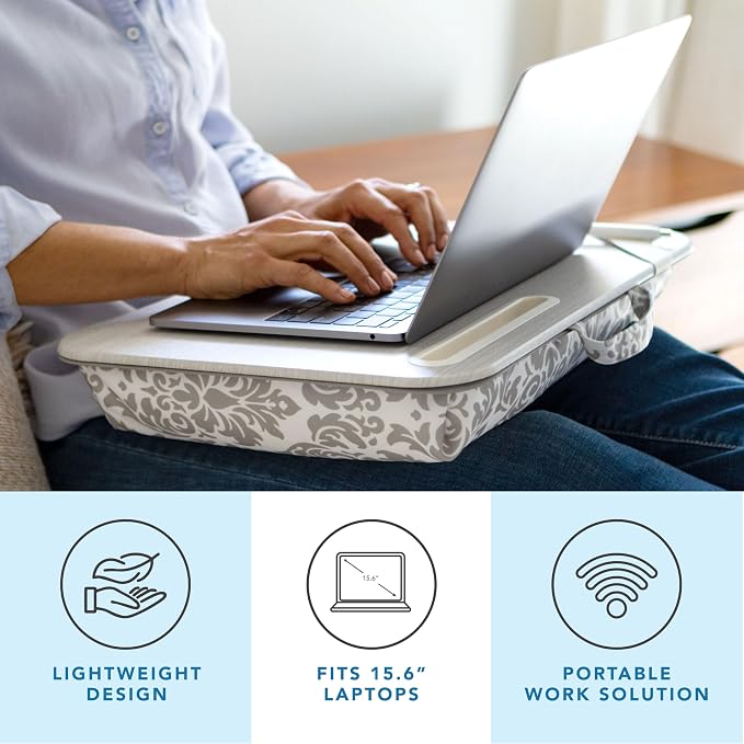 LAPGEAR Designer Lap Desk – Gray Damask, Fits 15.6” Laptops