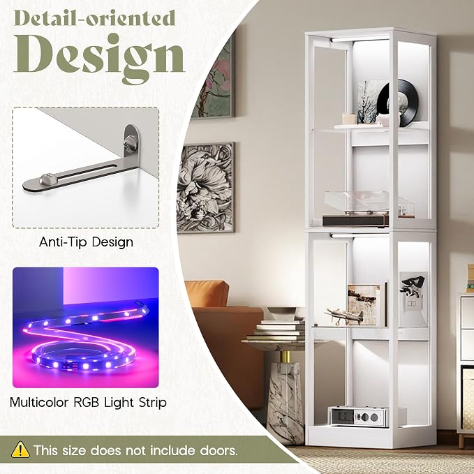 AMERLIFE 18-Inch RGB Open Display Cabinet | 70 H x 18 W x 14 D In, 4-Tier Storage, Adjustable Shelves, RGB LED Lights, Open Design, White