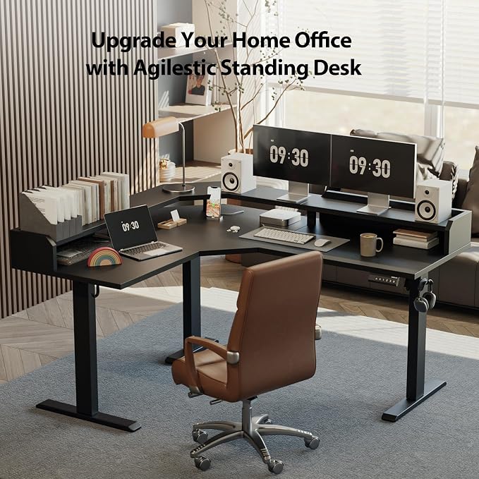 Agilestic 63 Inch L Shaped Electric Standing Desk with Shelf, Black | Dual Monitor Setup, Corner Desk, Ample Workspace, Memory Presets, Hooks, Stable Steel Frame,264 lbs Capacity, Splice Board