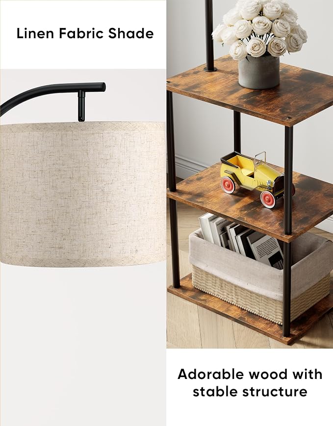 Floor Lamp with Table, Night Stand with Lamp, Narrow Side Table with 3CCT LED Bulb, Small Coffee Table, Modern End Table with Storage Shelves for Living Room Bedroom Home Décor