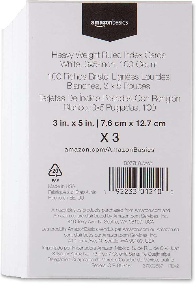 Amazon Basics Heavy Weight Ruled Index Cards for Studying and Note Taking, White, 3" x 5", 300 Count (Pack of 3)