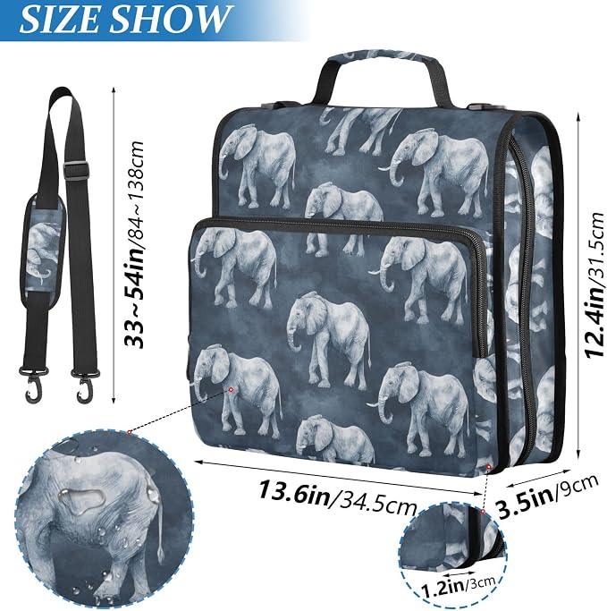 Fisyme Grey Vintage Elephant Zipper Binder 3 Ring with Zipper and Shoulder Strap Large Capacity Multi-Pocket Binder Organizer