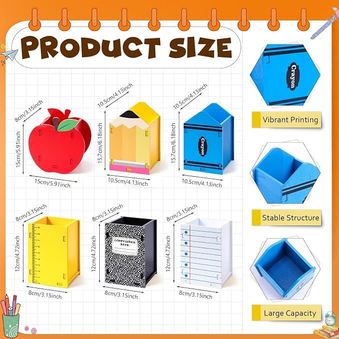 Crtiin 6 Pack Back to School Gifts Wooden Pencil Holders Crayon Ruler Apple Composition Notebook Pencil Dispenser Stationery Storage Container for Teacher Appreciation Classroom Office Desktop Decor