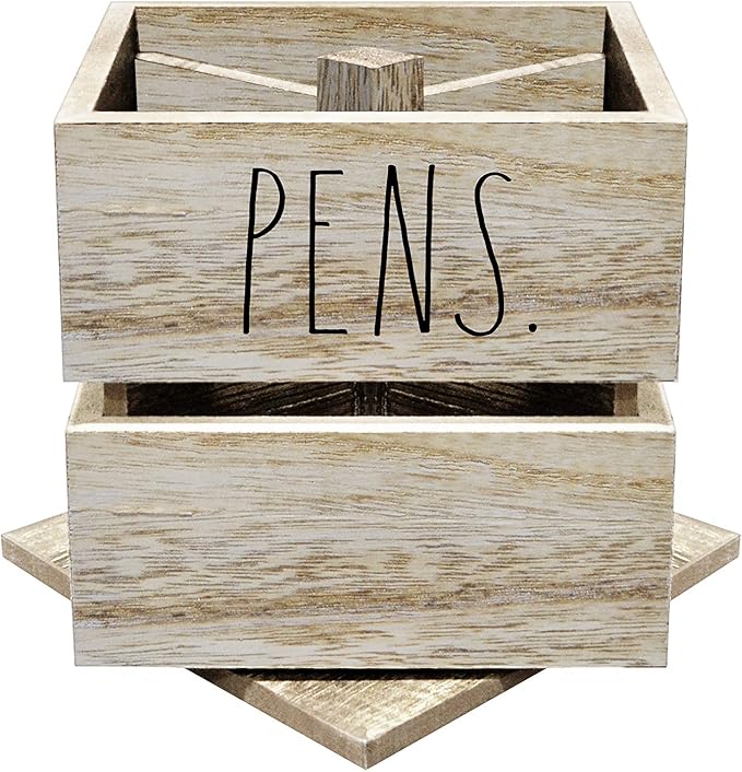 Rae Dunn Pencil Cup - Wooden Pen Holder Desktop Organizer - Small Rustic Wood Desk Top Caddy for Office Accessories and Supplies - Organization for Home, School, Classroom, Work - Square Light Wood