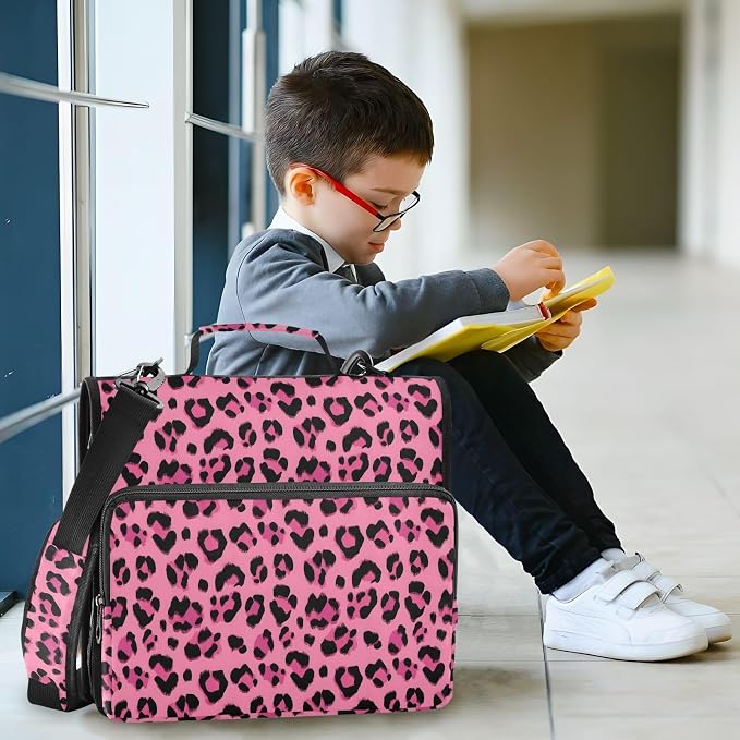 Hot Pink Black Leopard Print 3 Ring Binder Bag 1.5 inch Binder Organizer with Zipper Shoulder Strap 500 Sheet Documents Storage for School Office