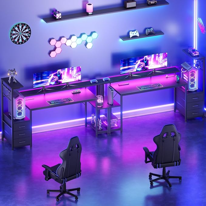 Korfile 63 Inch Gaming Desk with Bluetooth LED Lights & Power Outlets,Computer Desk with Fabric Drawers & Hooks,Reversible Gamer Table with Monitor Stand for Game Room,Home Office,Carbon Fiber Black | Reversible，Computer Desk, Gamer Table, Bluetooth LE...