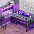 L Shaped Gaming Desk with LED Lights & Power Outlets | Reversible Computer Desk with Storage Shelves & Bag, Large Corner Home Office Desk with Pegboard for Work from Home, Grey