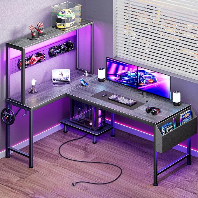 L Shaped Gaming Desk with LED Lights & Power Outlets | Reversible Computer Desk with Storage Shelves & Bag, Large Corner Home Office Desk with Pegboard for Work from Home, Grey