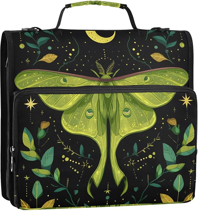 3 Ring Zipper Binder with Shoulder Strap Mystical Green Moon Moth Boho 1.5 inch Binders Keeper Large Capacity Multi Pockets for School Office Supplies