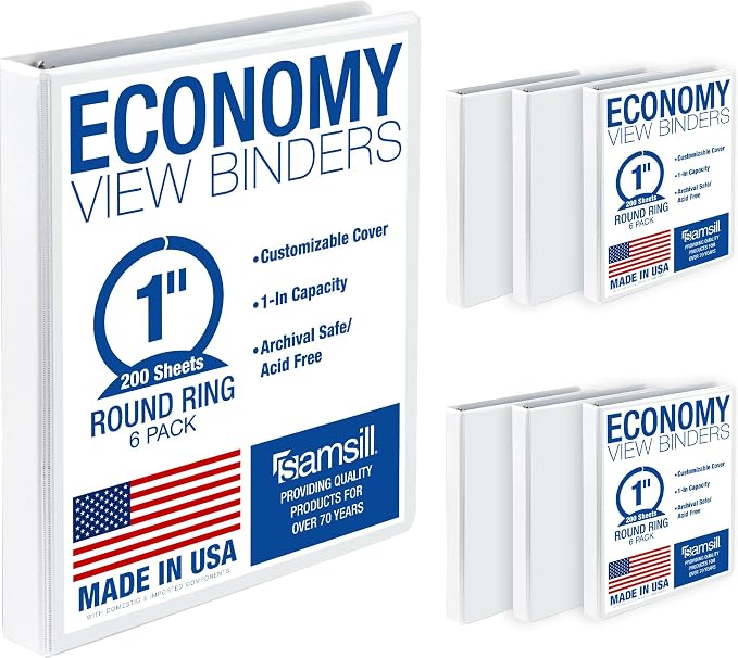 Samsill 1 Inch 3 Ring Binders, Economy Round Ring, Clear View Cover, 200 Sheet Capacity - for School, Home, Office - White, 6 Pack