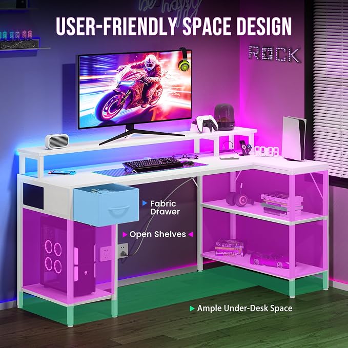 DUMOS 47 Inch Gaming Desk, Monitor Stand, LED Lights, Storage Shelves | USB Charging Ports, Power Outlets, Reversible L Shaped Corner, Small Spaces, White
