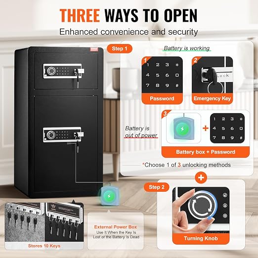 VEVOR Double Doors 5.5 cu.ft Safe Box with Key Lock & Password, Safe Lock Box with Fireproof Bag, Key Rack, LED Light, 2 Height Adjustable and Removable Divider and 1 Cabinet for Money,Documents,Black