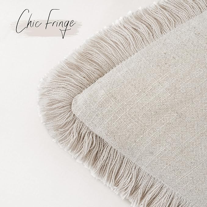 Foindtower Set of 2 Decorative Linen Fringe Throw Pillow Covers Cozy Farmhouse Boho Cushion Cover with Tassels Soft Accent Pillowcase for Couch Sofa Bed Living Room Home Decor 20×20 Inch Beige