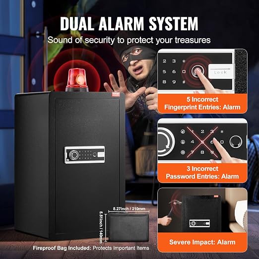 VEVOR Single Door 4.0 cu.ft Safe Box with Key Lock, Password & Fingerprint, Safe Lock Box with Fireproof Bag, Key Rack, LED Light, and 2 Shelves for Money, Documents, Jewelry, and Valuables, Black