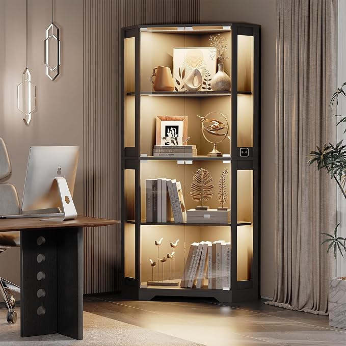 BROTTAR Lighted Corner Display Cabinet with Glass Doors for Collectibles | 65" Curio Cabinet with 3 Color LED Lights, 4-Tier Showcase Display Case with Human Body Sensor for Trophies, Books, Black