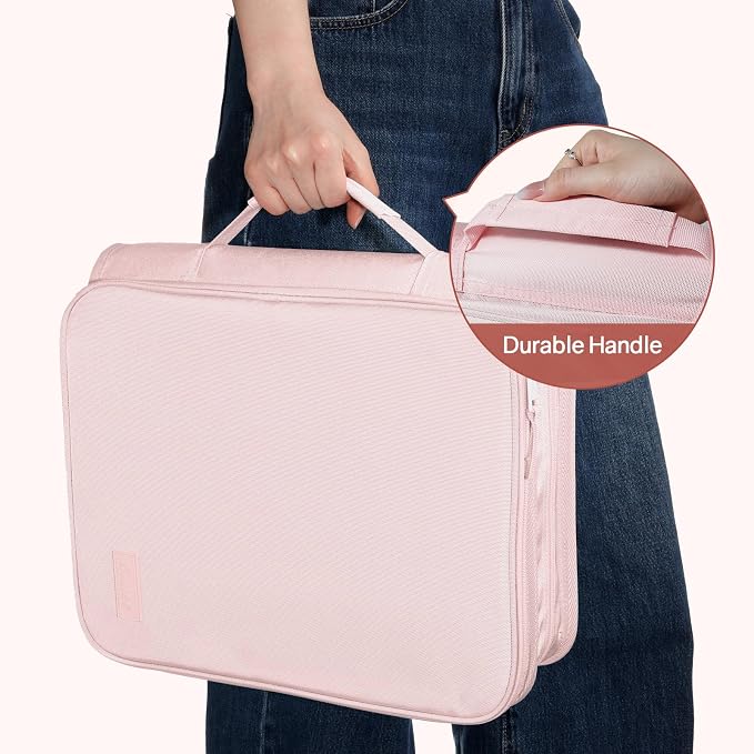 SUNEE Zippered Binder Bag with Handle, 2-Inch 3-Ring O-Ring, 500-Sheet Capacity, Includes Zip Pocket, 5-Tab Expanding File Folder, Multi-Pocket Organizer Binder for Middle School, Pink Lotus
